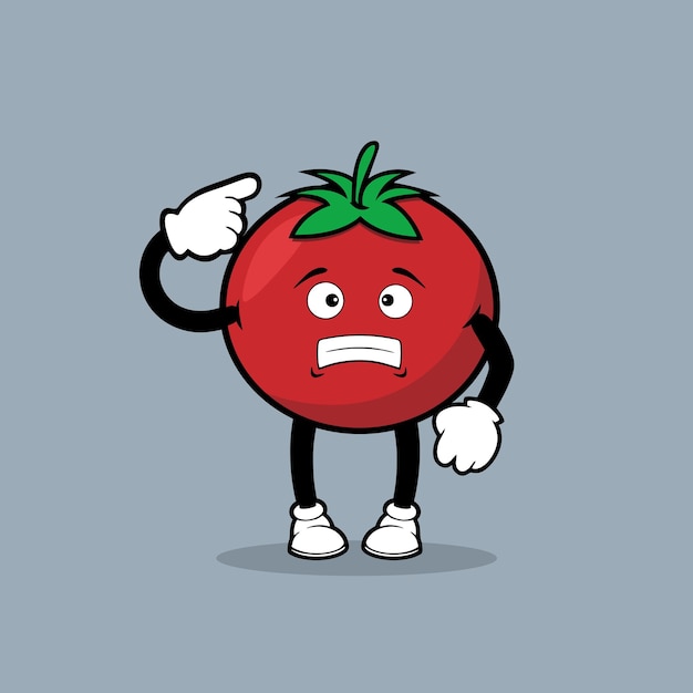 Tomate de dibujos animados apuntando hacia un lado con una cara.