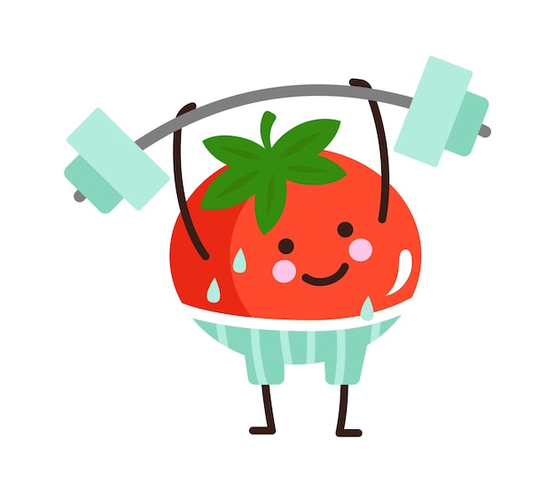 Tomate de dibujos animados en un gimnasio icono vegetal comida saludable ilustración vectorial