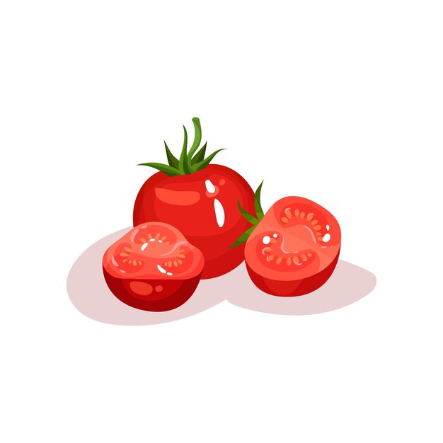 Tomate entero y dos mitades Vegetales jugosos y frescos Nutrición saludable Diseño de vector plano para empaque de productos
