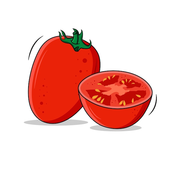 Tomate entero fresco y tomate medio jugoso fresco aislados en una ilustración vectorial de fondo blanco