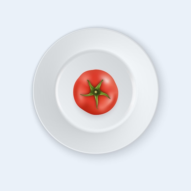 Vector tomate jugoso realista en un primer plano de icono de plato de porcelana blanca aislado