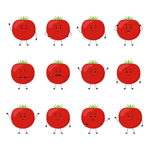 Tomate Lindos personajes vegetales con diferentes emociones vector ilustración