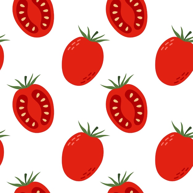 Tomate patrón sin costuras entero y mitad verduras rojas sobre fondo blanco
