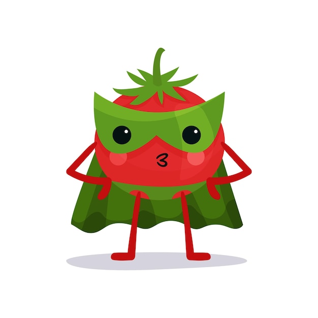 Tomate rojo con antifaz verde, capa y pantalón con brazos en jarras. De pie con confianza y heroico. Personaje de dibujos animados de vegetales fantásticos con superpoderes. Ilustración de vector plano aislado en blanco.