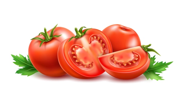Tomate rojo maduro entero y en rodajas con hojas 3D jugosas verduras crudas