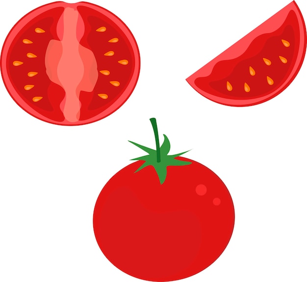 Tomate rojo maduro Tomate entero con hojas mitad de tomate rebanada de tomate aislada sobre fondo blanco V