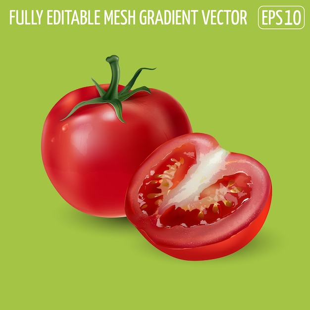 Tomate rojo con medio tomate sobre fondo verde.
