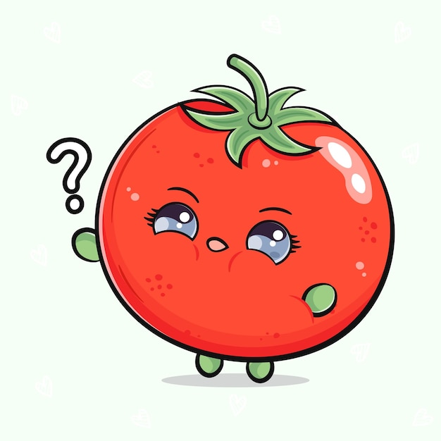 Tomate y signo de interrogación Vector dibujado a mano dibujos animados kawaii personaje ilustración icono Aislado sobre fondo verde claro Concepto de personaje de tomate