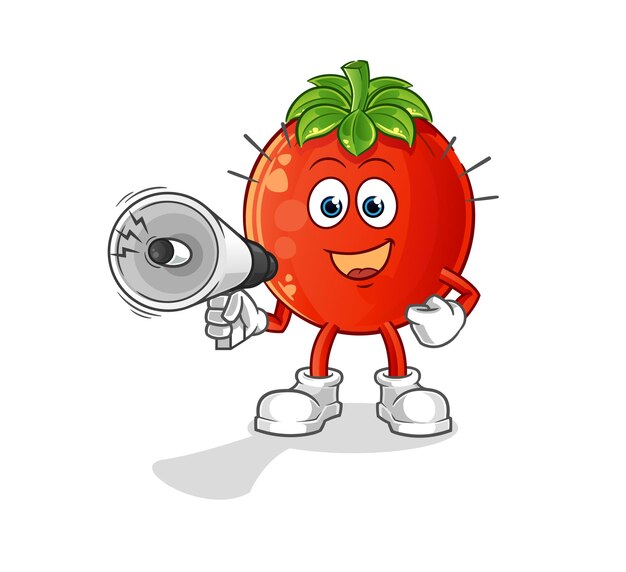 Tomate sosteniendo el personaje de dibujos animados de vector de altavoces de mano