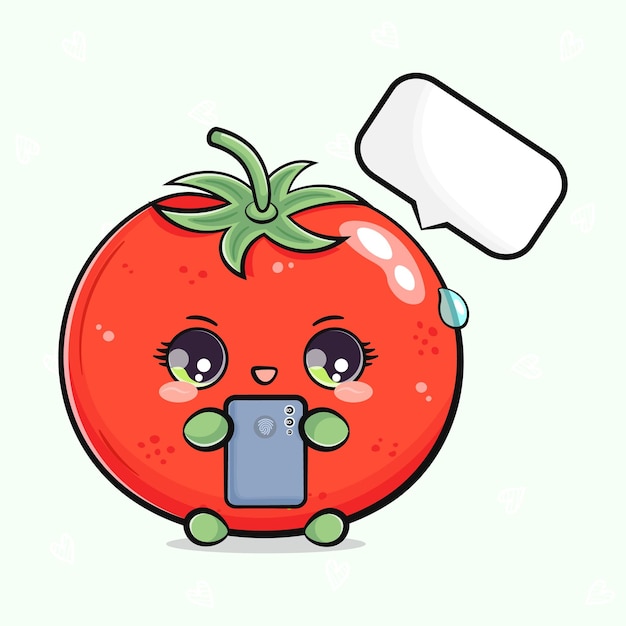 Tomate con un teléfono inteligente en la mano icono de ilustración de personaje kawaii de dibujos animados dibujados a mano vectorial aislado sobre fondo blanco concepto de personaje de tomate