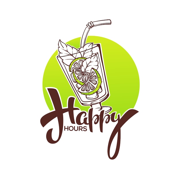 ¡tómate tu bebida de verano y disfruta de nuestra happy hour! fondo comercial con composición de letras y vidrio mojito dibujado a mano