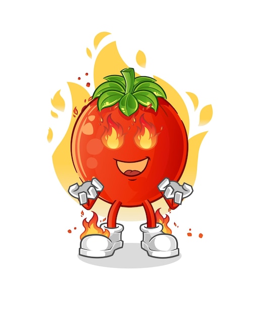 Tomate en vector de dibujos animados de mascota de fuego