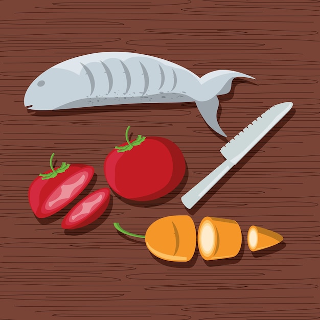 Tomate zanahoria y pescado de menú de comida sabrosa y tema de restaurante