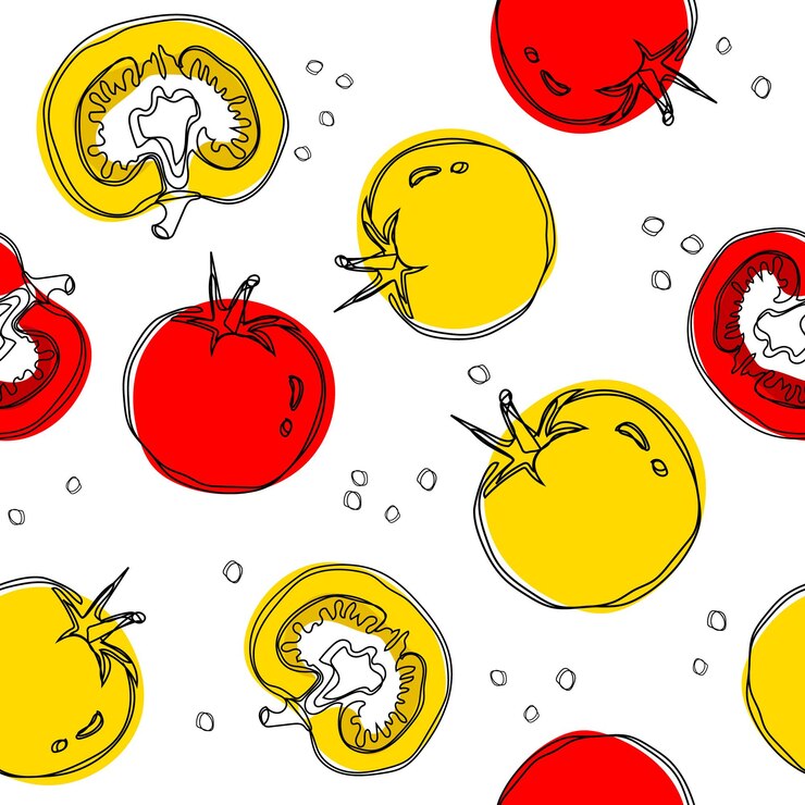 Vector tomates amarillos y rojos de patrones sin fisuras estilo garabato para usar como fondo de papel tapiz o telón de fondo