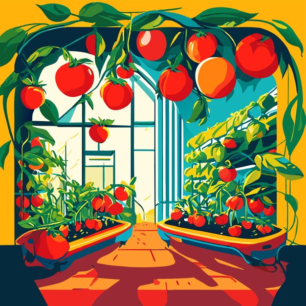 Los tomates de colores están creciendo en la ilustración vectorial de árboles de la granja interior