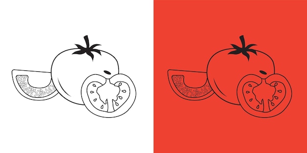 Tomates dibujados a mano ilustración vectorial completa, mitad y rebanada sobre fondo rojo y blanco.