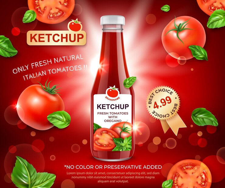 Vector tomates frescos de ketchup 3d detallados y realistas con anuncios de orégano