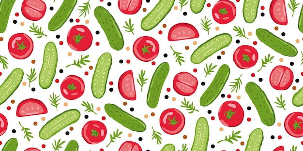 Tomates y verduras de pepino Vector patrón sin costuras