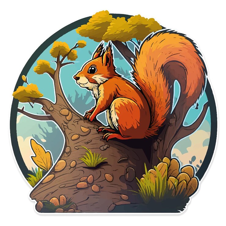 Tombarica_vector_ilustracion_sticker_of_squirrel_in_a_tree 2