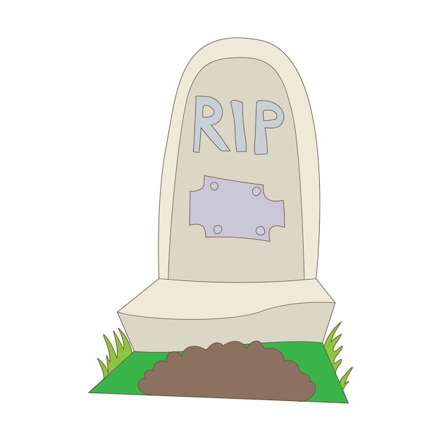 Tombstone con icono RIP en estilo de dibujos animados sobre un fondo blanco