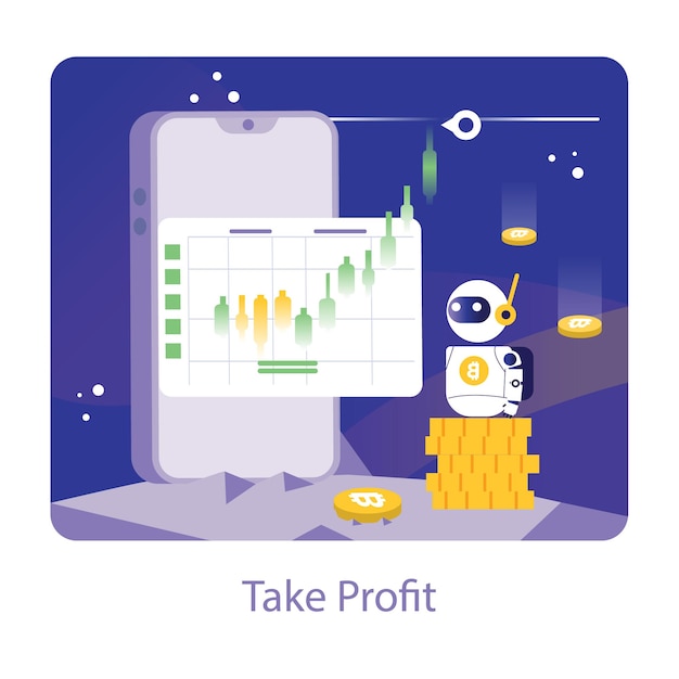 Tome el concepto de ganancia una ilustración alegre de un bot de comercio de criptomonedas ejecutando un comercio rentable