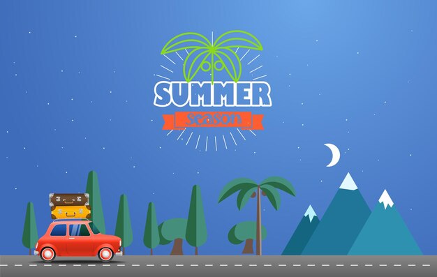 Vector tome el concepto de viaje de vacaciones con el coche rojo ilustración de diseño plano temporada de verano