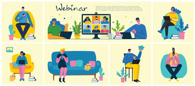 Tome una ilustración de collage de descanso. La gente descansa y lee libros, toca la guitarra, usa la tableta en la silla y el sofá. Estilo plano moderno del vector.
