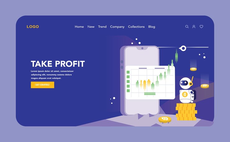 Vector tome la noche de ganancias o el modo oscuro web o página de aterrizaje una ilustración alegre de un bot de comercio de criptografía
