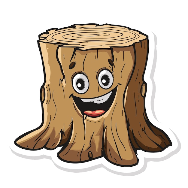 Tomo de árbol de madera con cara de personaje de dibujos animados ilustración vectorial de pegatina