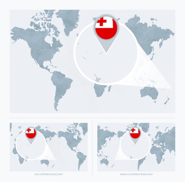 Tonga ampliada sobre el Mapa del Mundo 3 versiones del Mapa Mundial con bandera y mapa de Tonga