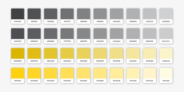 Vector tonos de paleta de color gris y amarillo con hex.