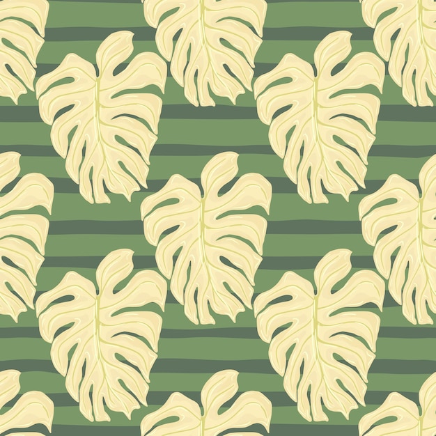 Tonos pastel follaje trópico de patrones sin fisuras con estampado de monstera de palma beige claro. Fondo de rayas verdes. Telón de fondo decorativo para diseño de tela, estampado textil, envoltura, cubierta. Ilustración vectorial.