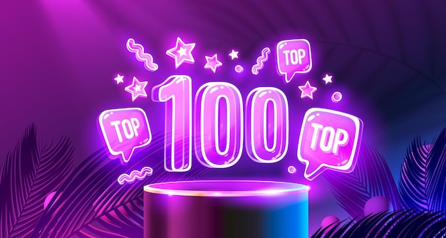 Top 100 podio de neón premio mejor banner Vector