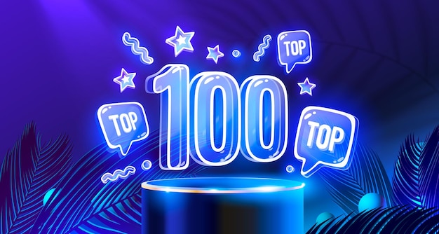 Top 100 podio de neón premio mejor banner vector