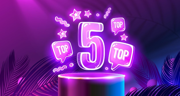 Top 5 podio de neón premio mejor banner Vector