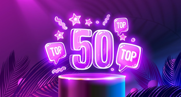 Top 50 podio de neón premio mejor banner Vector