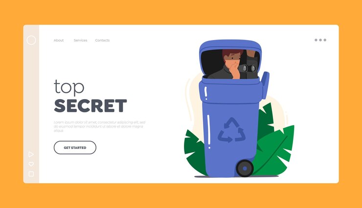 Vector top secret landing page plantilla personaje masculino espionaje detective agente investigador sentado en la papelera