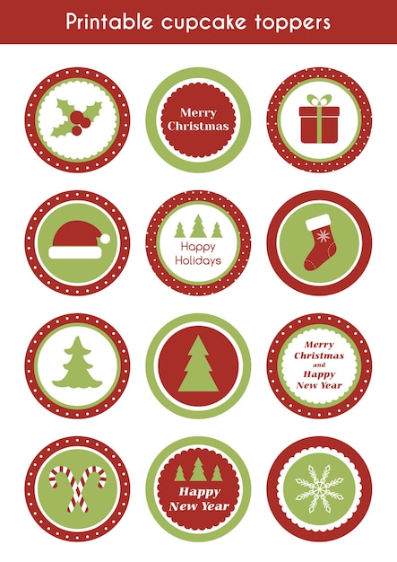 Vector toppers, etiquetas, pegatinas para cupcakes imprimibles de navidad