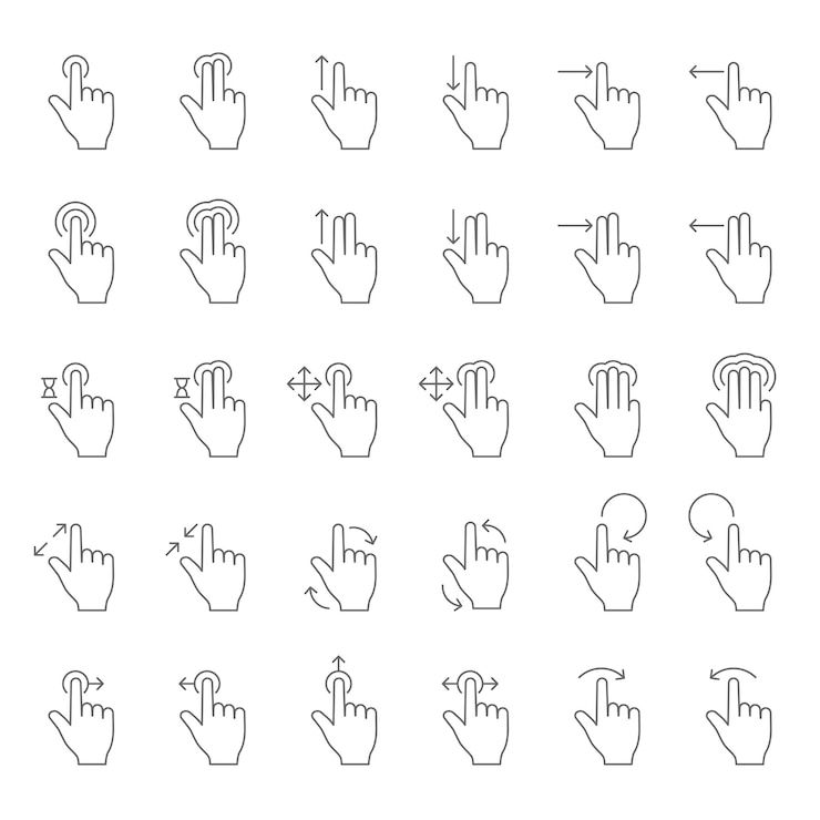 Vector toque los iconos de línea de vector de gesto de la mano. tocar con el dedo los pictogramas de los gestos con flechas de desplazamiento.