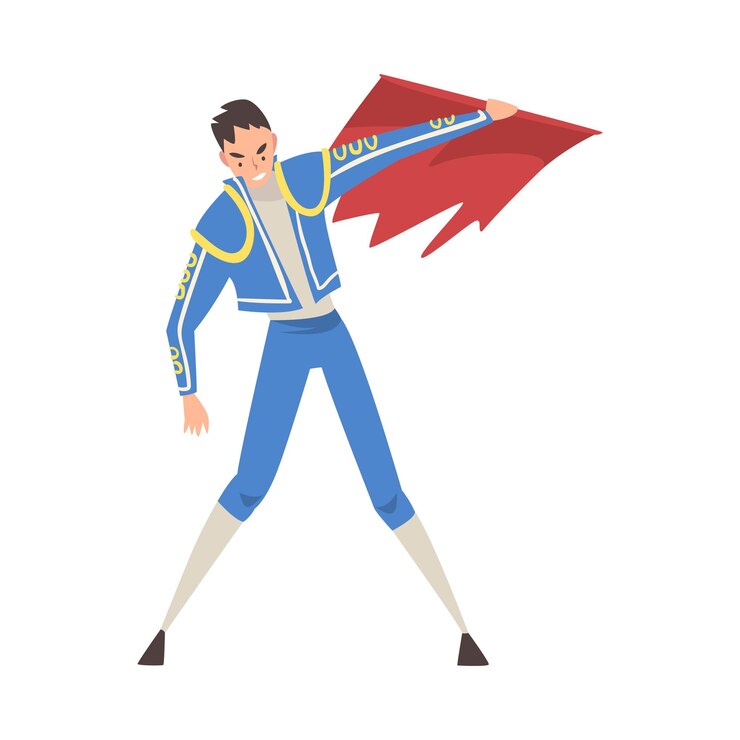 Vector torero torero personaje vestido con traje agitando capa roja corrida tradicional española