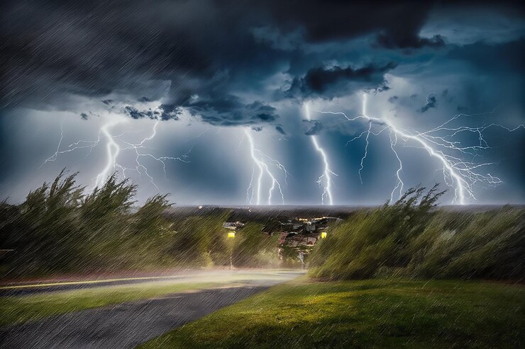 Vector una tormenta está golpeando el suelo y el cielo es una tormenta