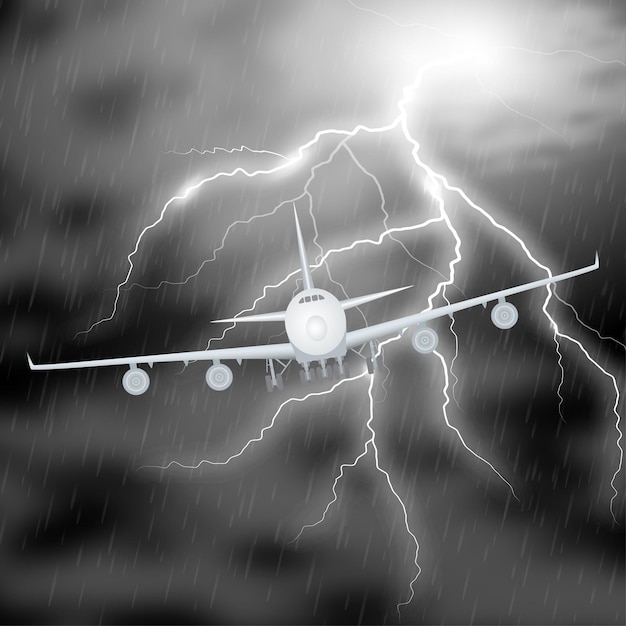 Tormenta de la noche del avión realista. Jet en nubes de tormenta con rayo