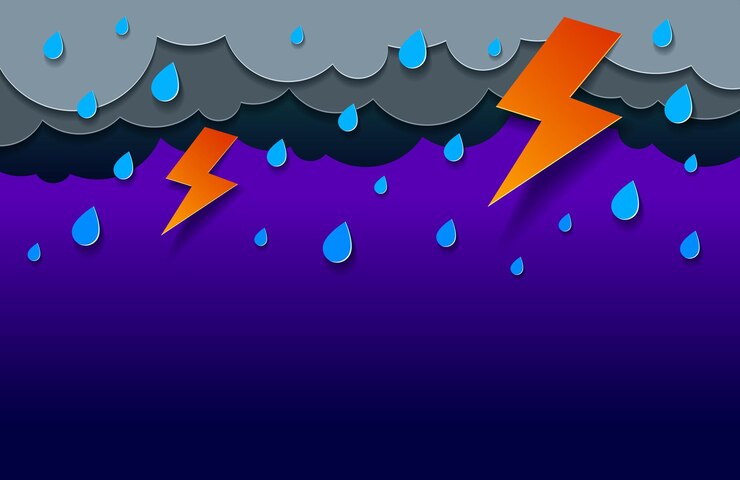 Vector tormenta con relámpagos y gotas de agua que caen vector ilustración de dibujos animados de corte de papel de estilo moderno.