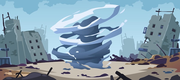Tornado catástrofe fondo Dibujos animados huracán tormenta destrucción edificios demolidos por ciclón tornado tormentoso desastre concepto Vector ilustración del huracán tornado desastre