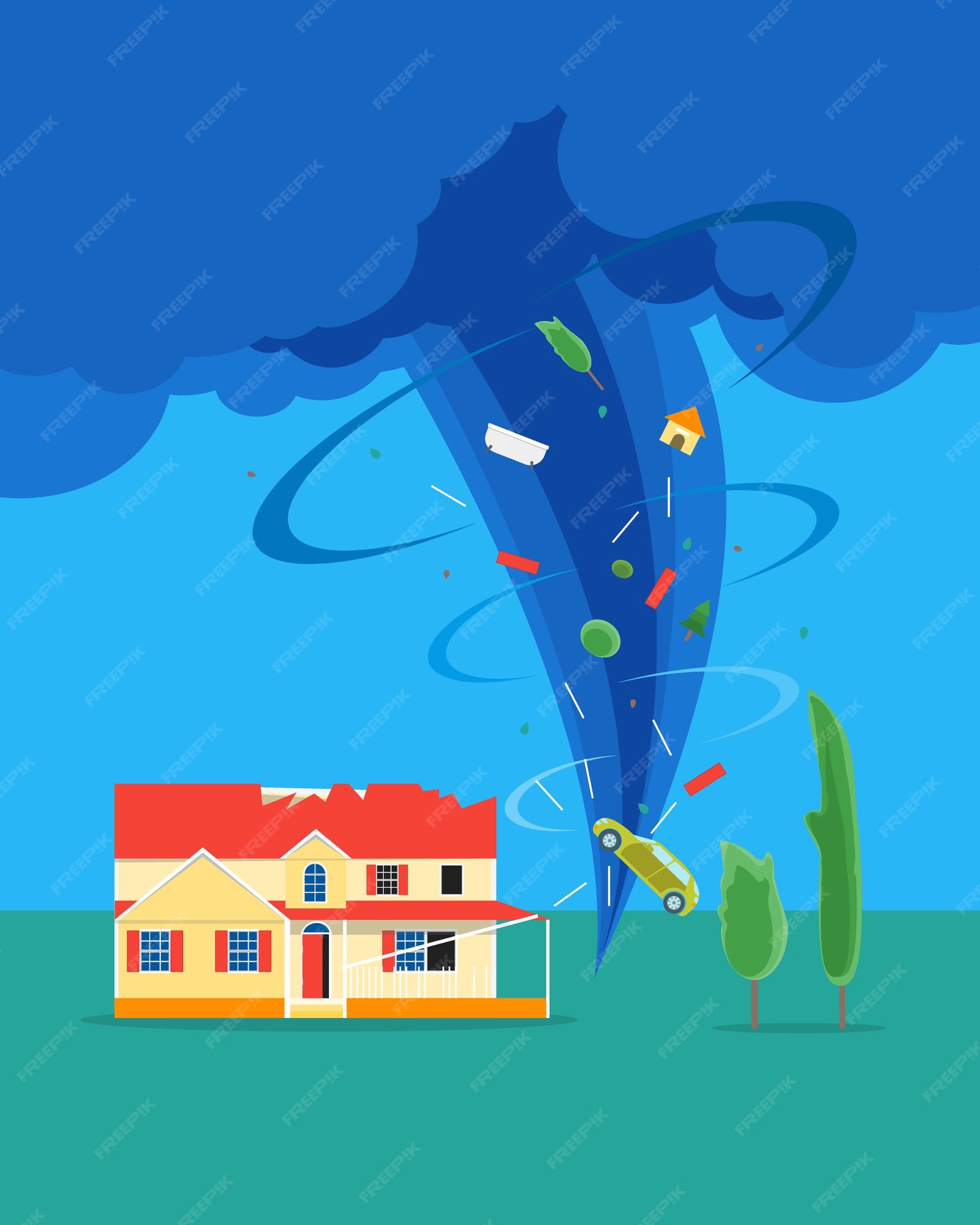 Tornado de dibujos animados o huracán destruye el concepto de casa seguro  de elementos de diseño de estilo plano seguro de concepto de desastre |  Vector Premium