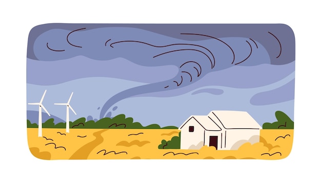 Tornado remolino remolino vórtice sobre la tierra Naturaleza paisaje viento tiempo con daño huracán remolino tifón torbellino en el campo Calamidad cataclismo natural Ilustración de vector plano