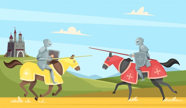 Torneo de caballeros. Príncipe de caballería medieval en brutal armadura casco guerreros a caballo