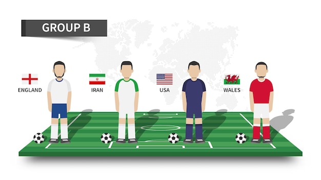 Torneo de la copa de fútbol de qatar 2022 32 equipos etapas de grupos y personaje de jugador de dibujos animados con jersey y banderas de países en perspectiva campo de fútbol diseño plano vector