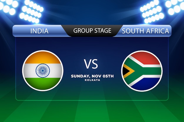 Vector torneo de críquet de la copa mundial masculina icc 2023 partido entre india vs sudáfrica estadio verde y azul