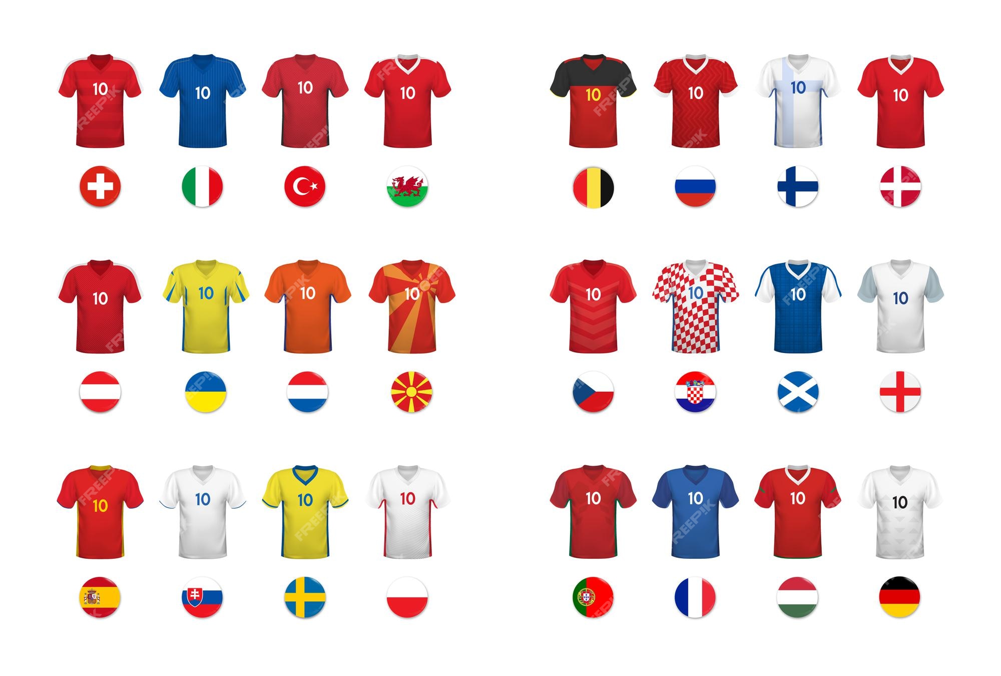 Torneo de conjunto de camisetas y banderas nacionales de equipos de | Vector Premium